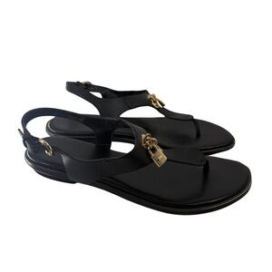 Michael Kors Black Leather Charm Thong Sandals w/ Gold Padlock Key Logo, 9.5